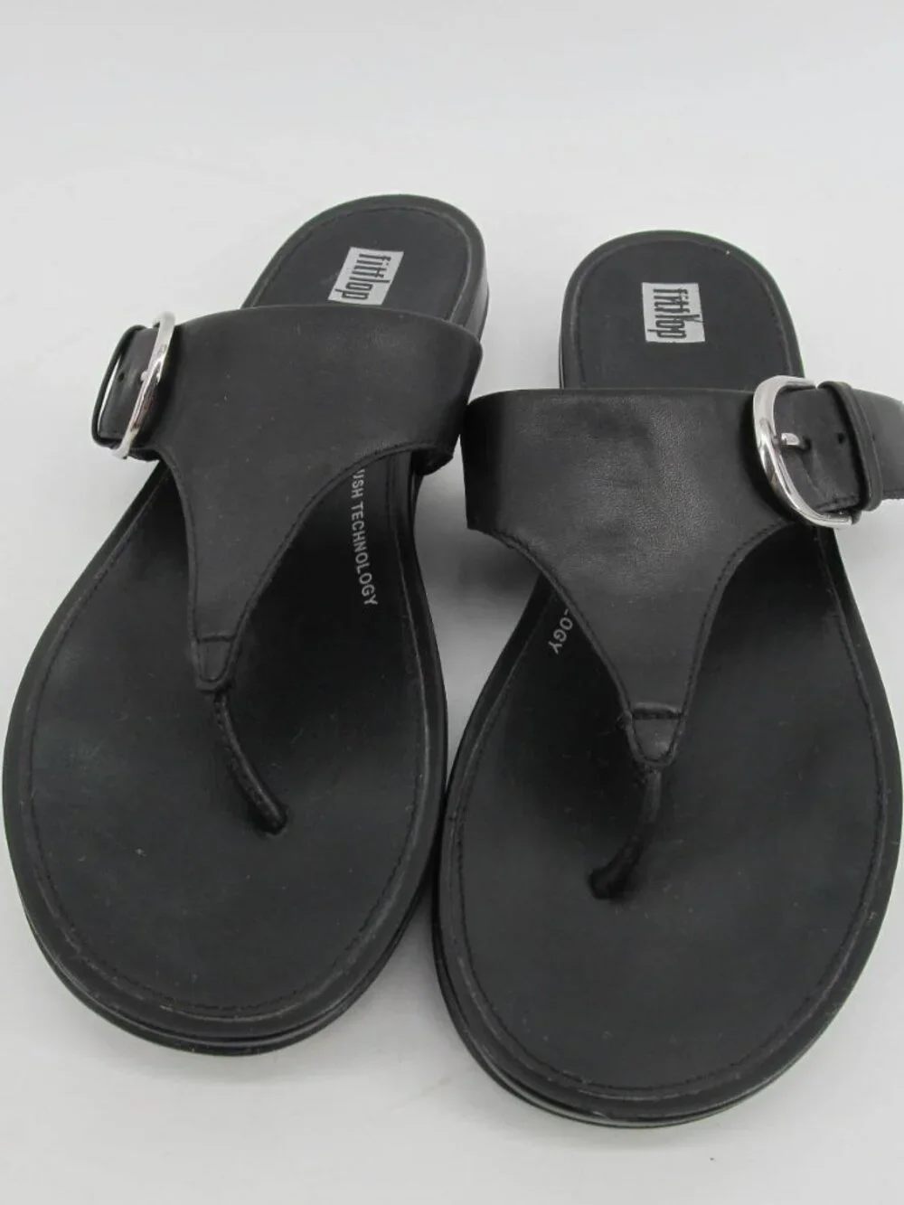 FitFlop Gracie Buckle Toe Post Dynamicush Comfort Black Leather Sandals Size10